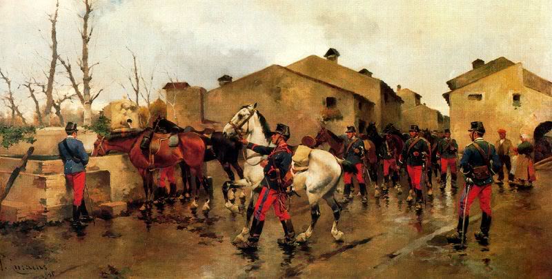 An Artillery Regiment Watering Horses, vintage artwork by Josep Cusachs, 12x8" (A4) Poster