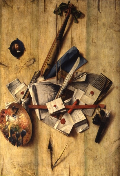 Trompe l'oeil with Violin, Painter's Implements and Self-Portrait., vintage artwork by Cornelis Norbertus Gysbrechts, 12x8" (A4) Poster