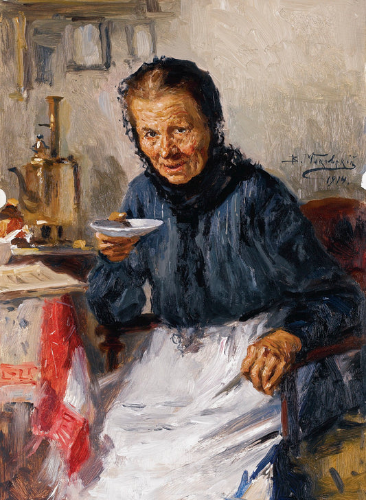 Old Lady Drinking Tea, vintage artwork by Vladimir Yegorovich Makovsky, 12x8" (A4) Poster