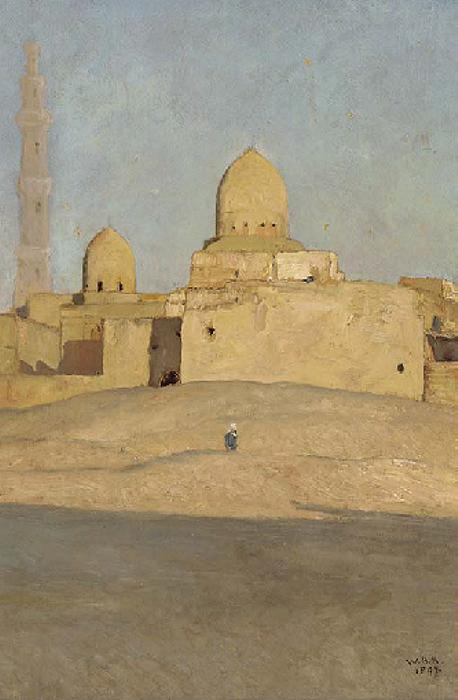 A Figure on Sand Dunes before a Cairo Mosque, vintage artwork by Sir William Blake Richmond, 12x8" (A4) Poster