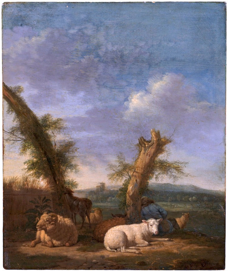 Landscape with Sheep and a Sleeping Shepherd, vintage artwork by Adriaen van de Velde, 12x8" (A4) Poster