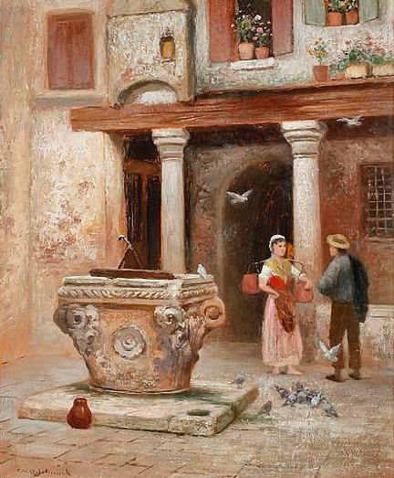 Mediterranean House Interior with Figures at the Well, vintage artwork by Frans Wilhelm Odelmark, 12x8" (A4) Poster