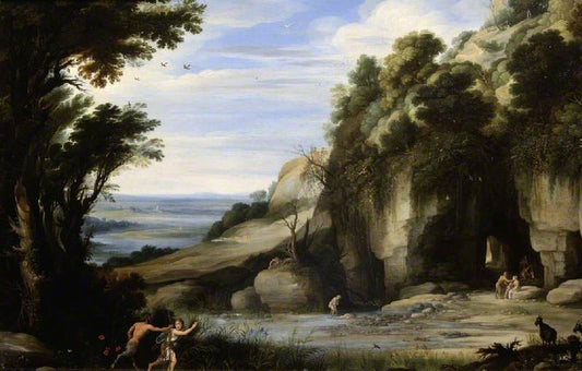 Landscape with Pan and Syrinx (after Paul Bril), vintage artwork by Marten Ryckaert, 12x8" (A4) Poster