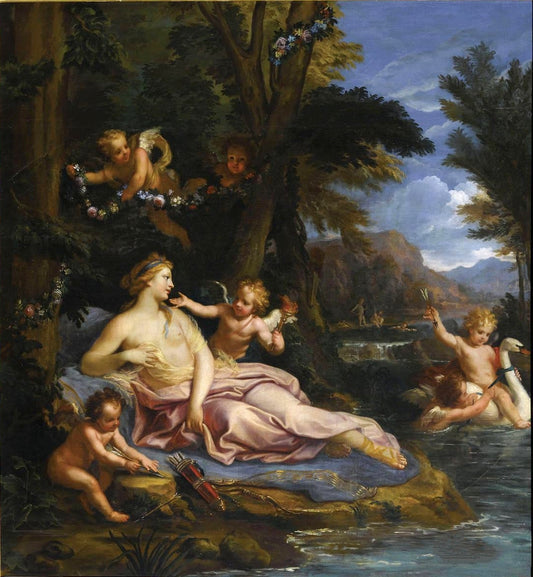 Venus and Cupids Playing with a Swan, vintage artwork by Louis de Boullogne the Younger, 12x8" (A4) Poster