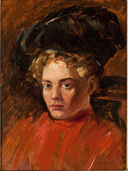 Lady in Hat and Red Dress by August Wilhelm Nikolaus Hagborg,A3(16x12")Poster