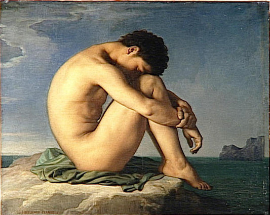 Naked Young Man Sitting on the Edge of the Sea, vintage artwork by Hippolyte-Jean Flandrin, A3 (16x12") Poster Print