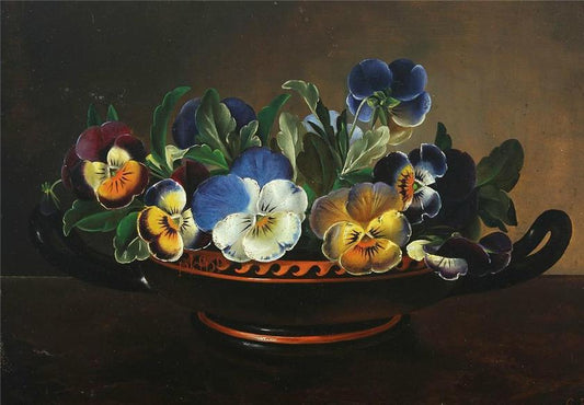 Pansies in a Greek bowl on a stone frame, vintage artwork by Johan Laurentz (J.L.) Jensen, A3 (16x12") Poster Print