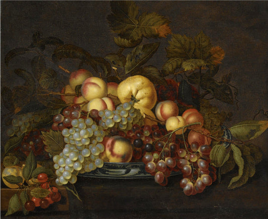 A still life with grapes, peaches and other fruit in a porcelain dish, vintage artwork by Bartholomeus Assteyn, 12x8" (A4) Poster