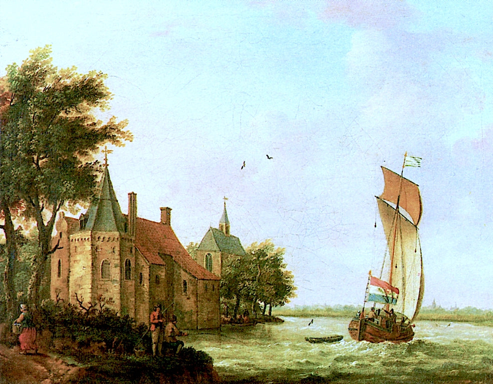A Wooded River Landscape in Holland, with a Dutch Hooker under Sail in a Brisk Wind, vintage artwork by Francis Swaine, 12x8" (A4) Poster