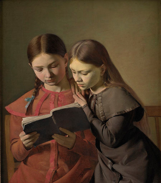 The Artist's Sisters Signe and Henriette Reading a Book, vintage artwork by Constantin Hansen, A3 (16x12") Poster Print