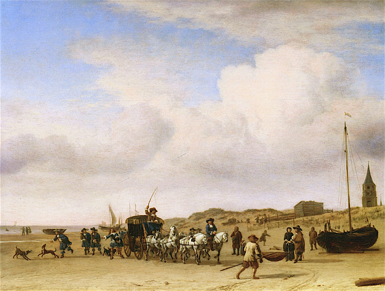 Carriage on the Beach at Scheveningen, vintage artwork by Adriaen van de Velde, 12x8" (A4) Poster