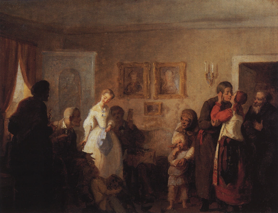 Congratulating the Newlyweds at the Landowner's House (study), vintage artwork by Grigory Myasoedov, 12x8" (A4) Poster