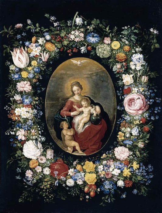 Virgin and Child with Infant St John in a Garland of Flowers, vintage artwork by Jan Brueghel the Younger, 12x8" (A4) Poster
