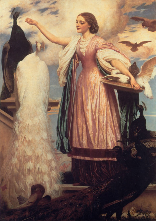 A Girl Feeding Peacocks, vintage artwork by Sir Frederic Lord Leighton, 12x8" (A4) Poster
