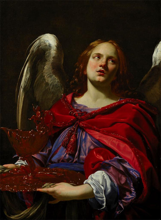 Angel Holding Vessel and Towel for Washing Hands of Pilate, vintage artwork by Simon Vouet, 12x8" (A4) Poster