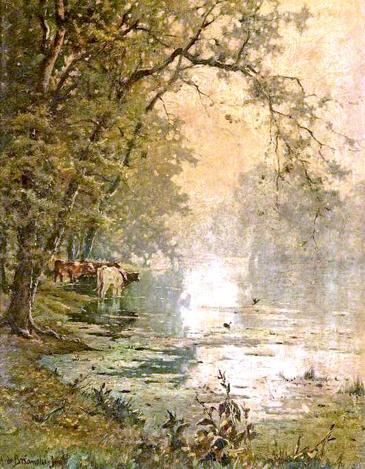 Cows in a Stream, vintage artwork by Alfred de Breanski, Sr., 12x8" (A4) Poster