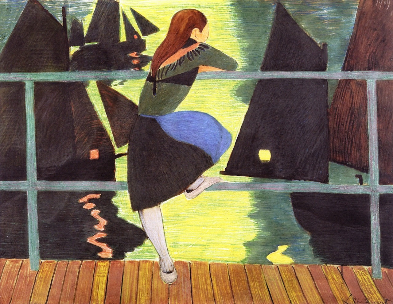 Girl Leaning on a Railing, Facing the Port, vintage artwork by Leon Spilliaert, 12x8" (A4) Poster