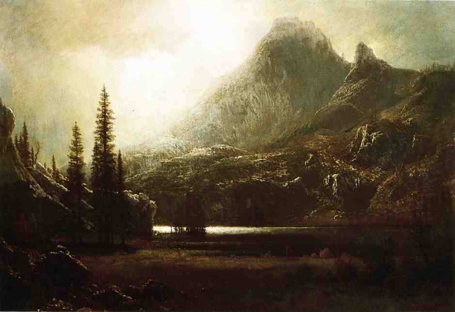 by  a Mountain Lake, vintage artwork by Albert Bierstadt, 12x8" (A4) Poster