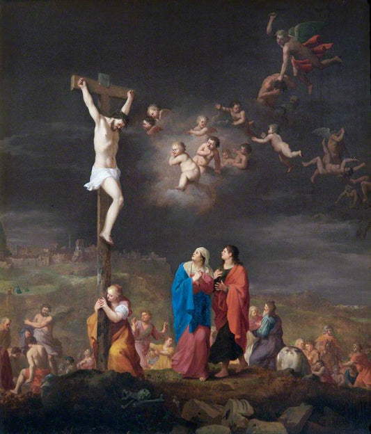 The Crucifixion with the Fall of the Rebel Angels, vintage artwork by Cornelis van Poelenburgh, 12x8" (A4) Poster