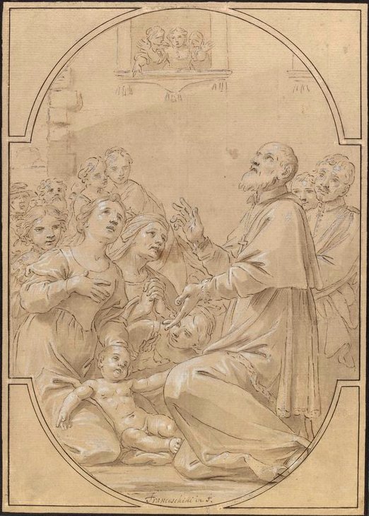 Philip Neri Bringing a Child back to Life, vintage artwork by Marcantonio Franceschini, 12x8" (A4) Poster