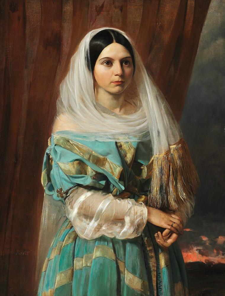 Dark-Haired Beauty in a Turquoise Dress, vintage artwork by Elisabeth Jerichau-Baumann, A3 (16x12") Poster Print
