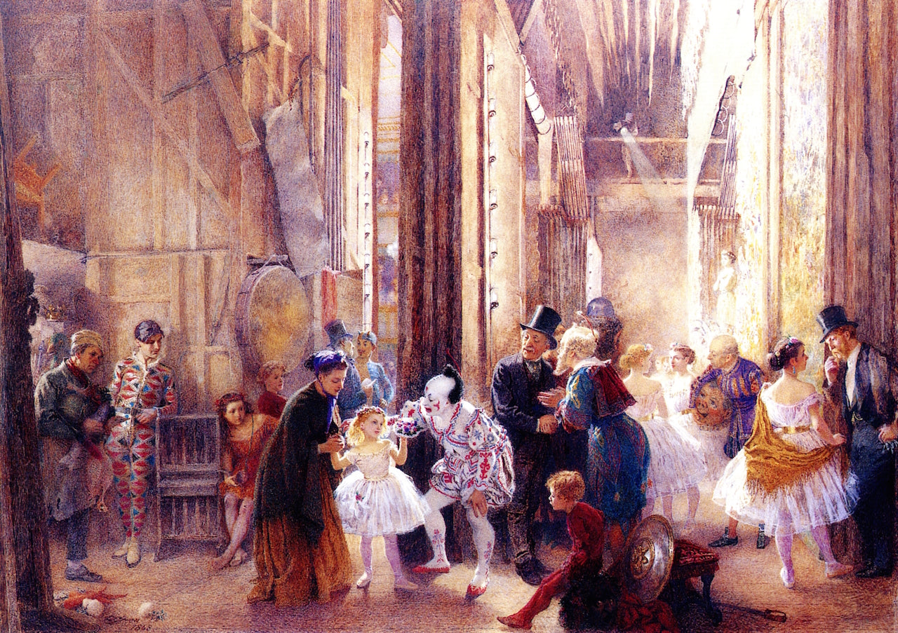 Her First Bouquet: the Lane Family with the Clown George Lupino at the Britannia Theatre, Hoxton, vintage artwork by Charles Green, 12x8" (A4) Poster