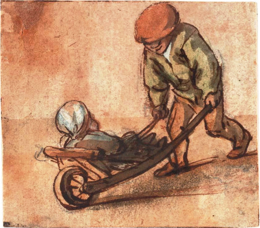 Boy Pushing a Baby  in a Wheelbarrow, vintage artwork by Isaac van Ostade, 12x8" (A4) Poster