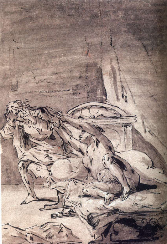 Joseph and Potiphars Wife, vintage artwork by Leonaert Bramer, 12x8" (A4) Poster