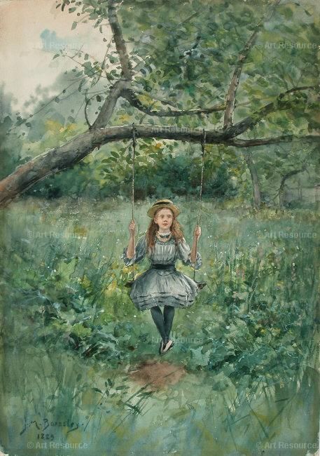 Young Girl on a Swing, vintage artwork by James Macdonald Barnsley, 12x8" (A4) Poster