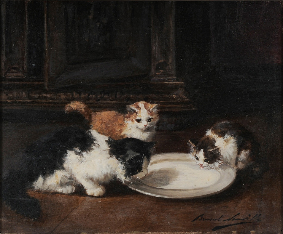 three kittens drinking milk, vintage artwork by Alfred Brunel de Neuville, 12x8" (A4) Poster