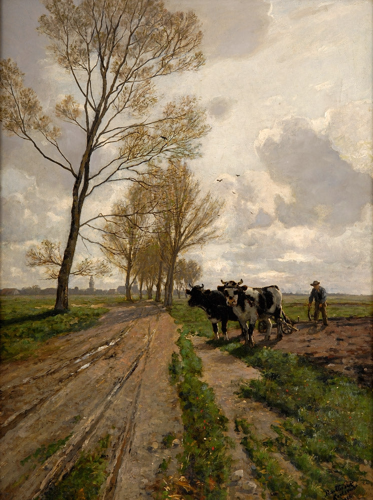 Spring landscape with oxen, vintage artwork by Paul Eduard Crodel, 12x8" (A4) Poster