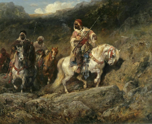 Arab horsemen in a Mountainous Landscape, vintage artwork by Adolf Christian Schreyer, 12x8" (A4) Poster