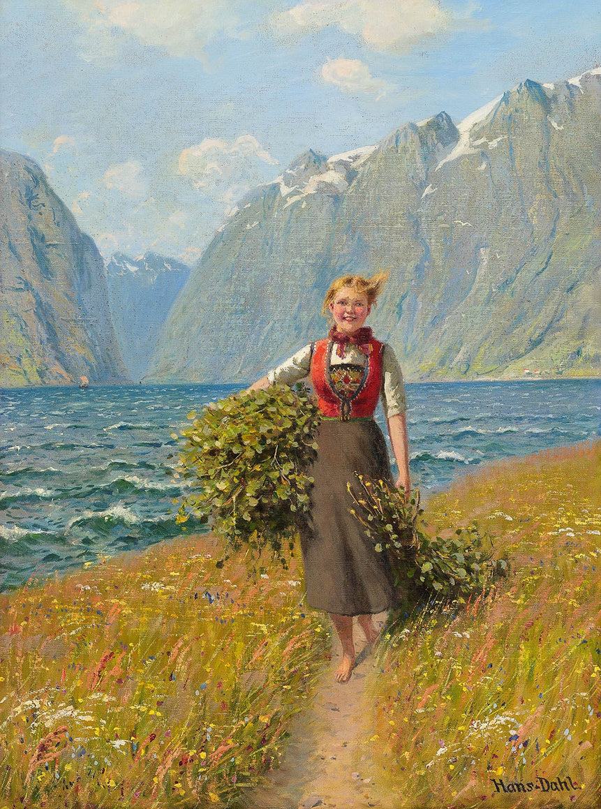 Girl Carrying Leaves, vintage artwork by Hans Dahl, 12x8" (A4) Poster
