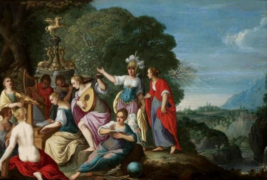 Muses at the Wells of Hipokrene, vintage artwork by Johann König, 12x8" (A4) Poster