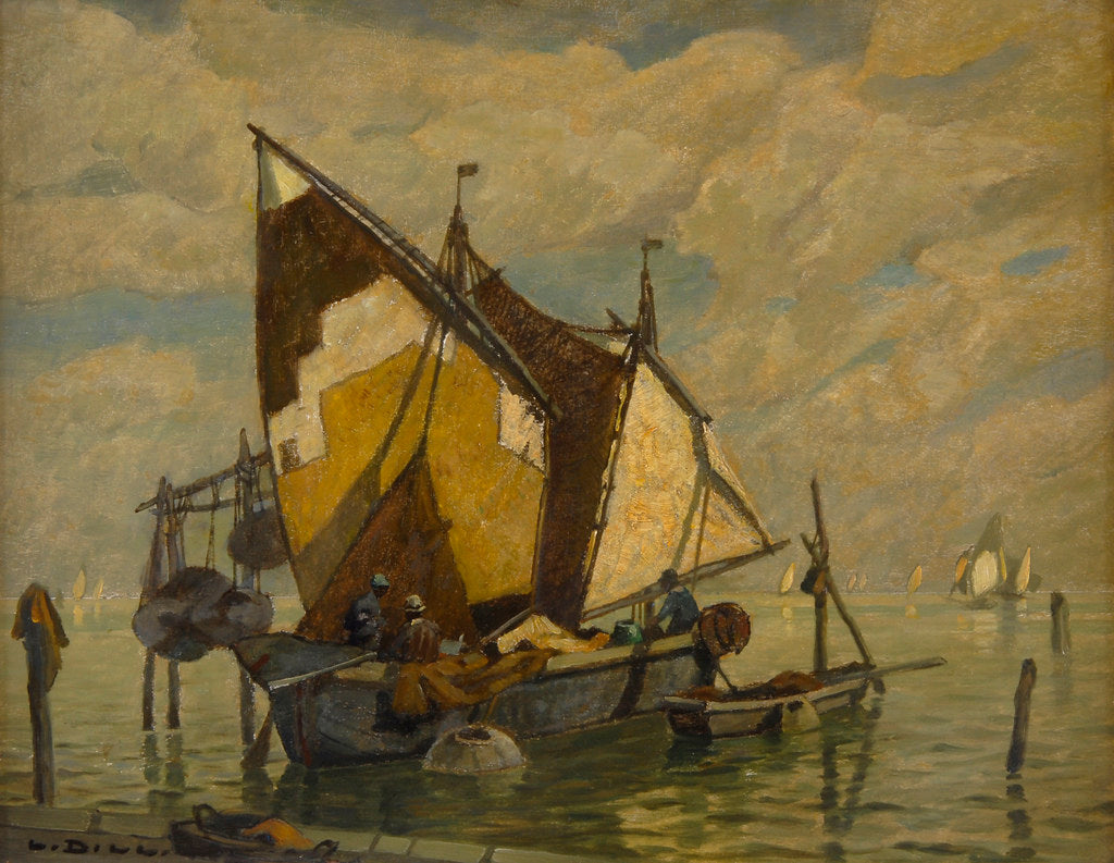 Fishing Boat in the Lagoon, vintage artwork by Ludwig Dill, 12x8" (A4) Poster