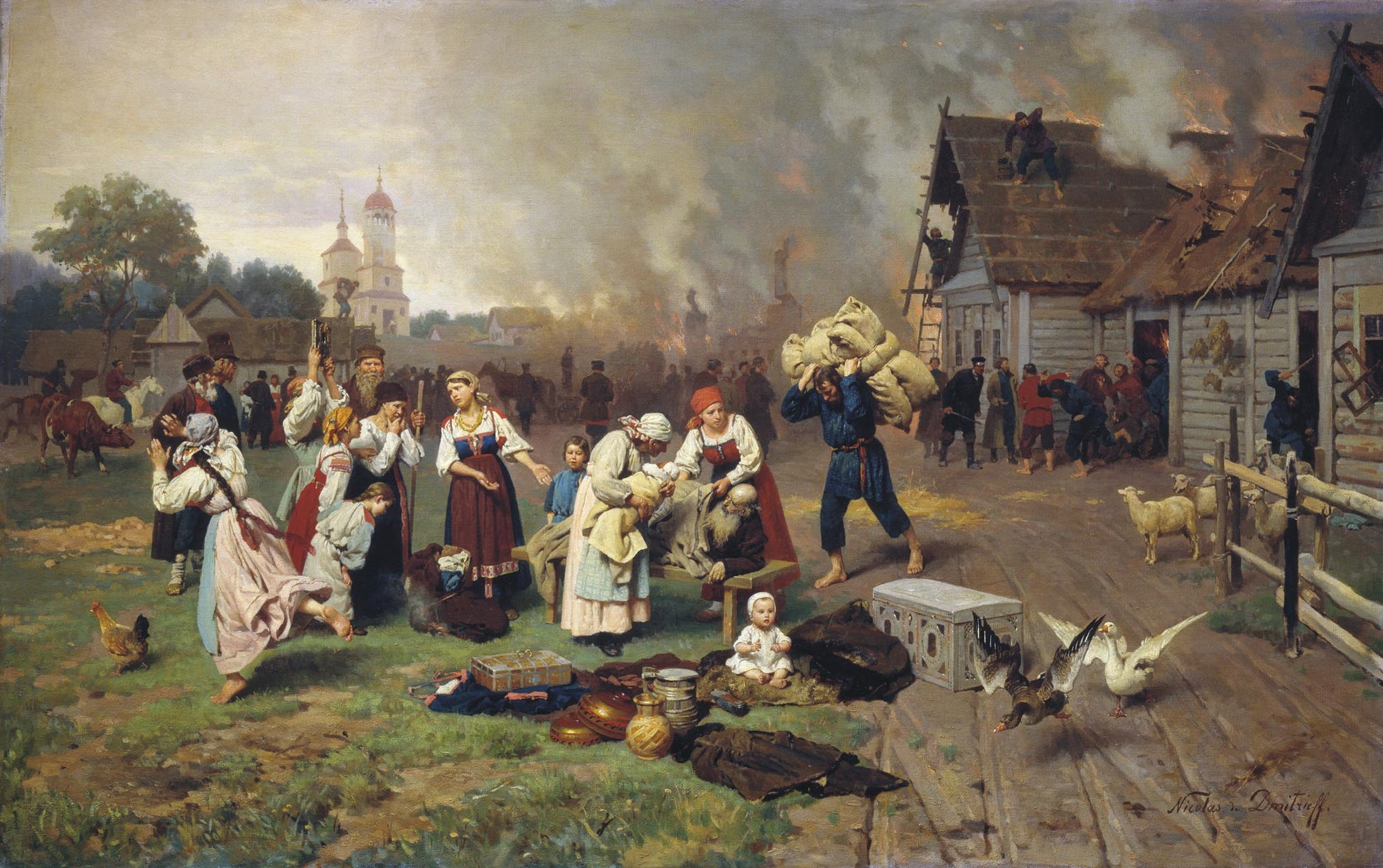Fire in a Village, vintage artwork by Nikolai Dmitriev-Orenburgsky, 12x8" (A4) Poster