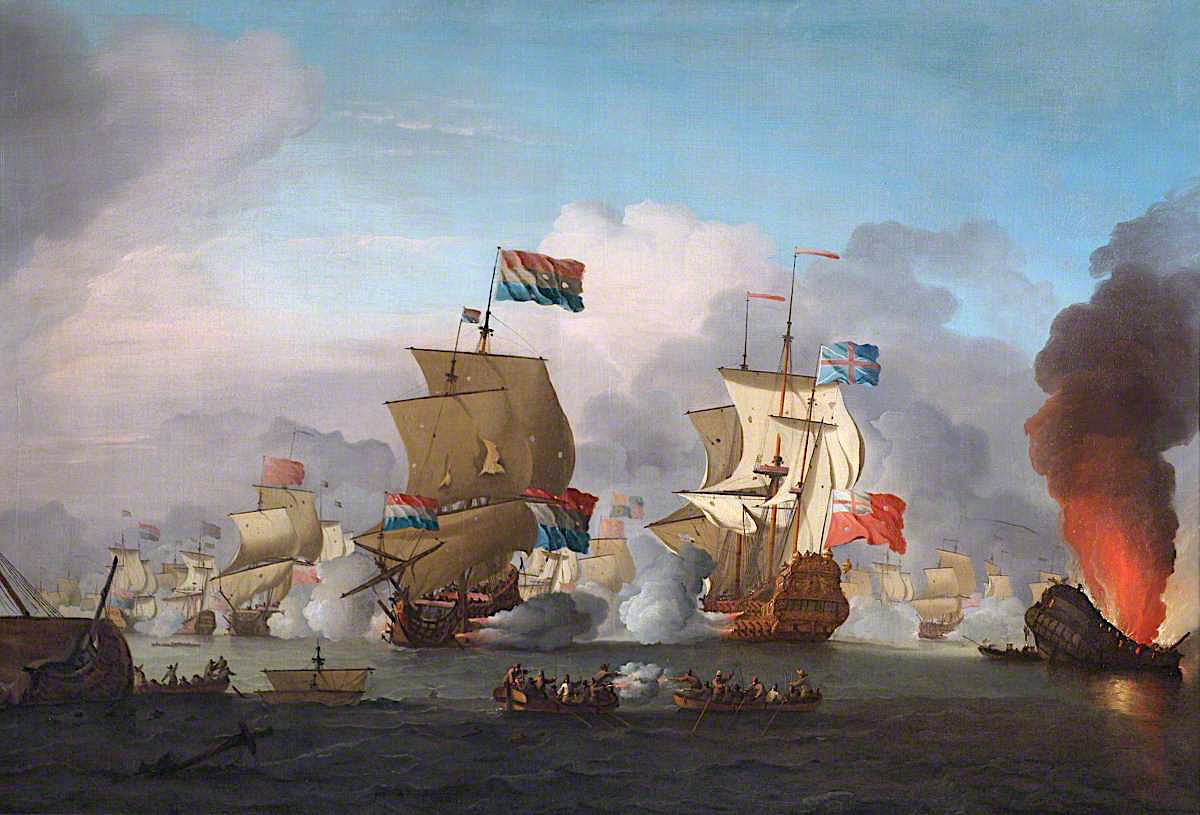 The Burning of HMS 'Royal James' at the Battle of Solebay, 28 May 1672, vintage artwork by Peter Monamy, 12x8" (A4) Poster