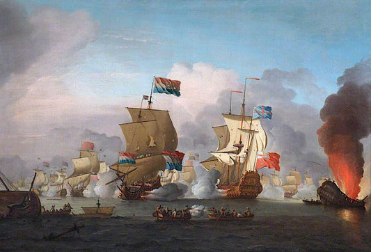 The Burning of HMS 'Royal James' at the Battle of Solebay, 28 May 1672, vintage artwork by Peter Monamy, 12x8" (A4) Poster