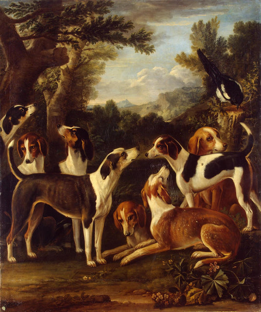 Hounds and a Magpie, vintage artwork by John Wootton, 12x8" (A4) Poster