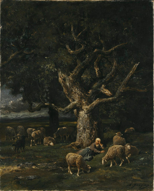 A Shepherdess and her Sheep, vintage artwork by Charles-Émile Jacque, A3 (16x12") Poster Print