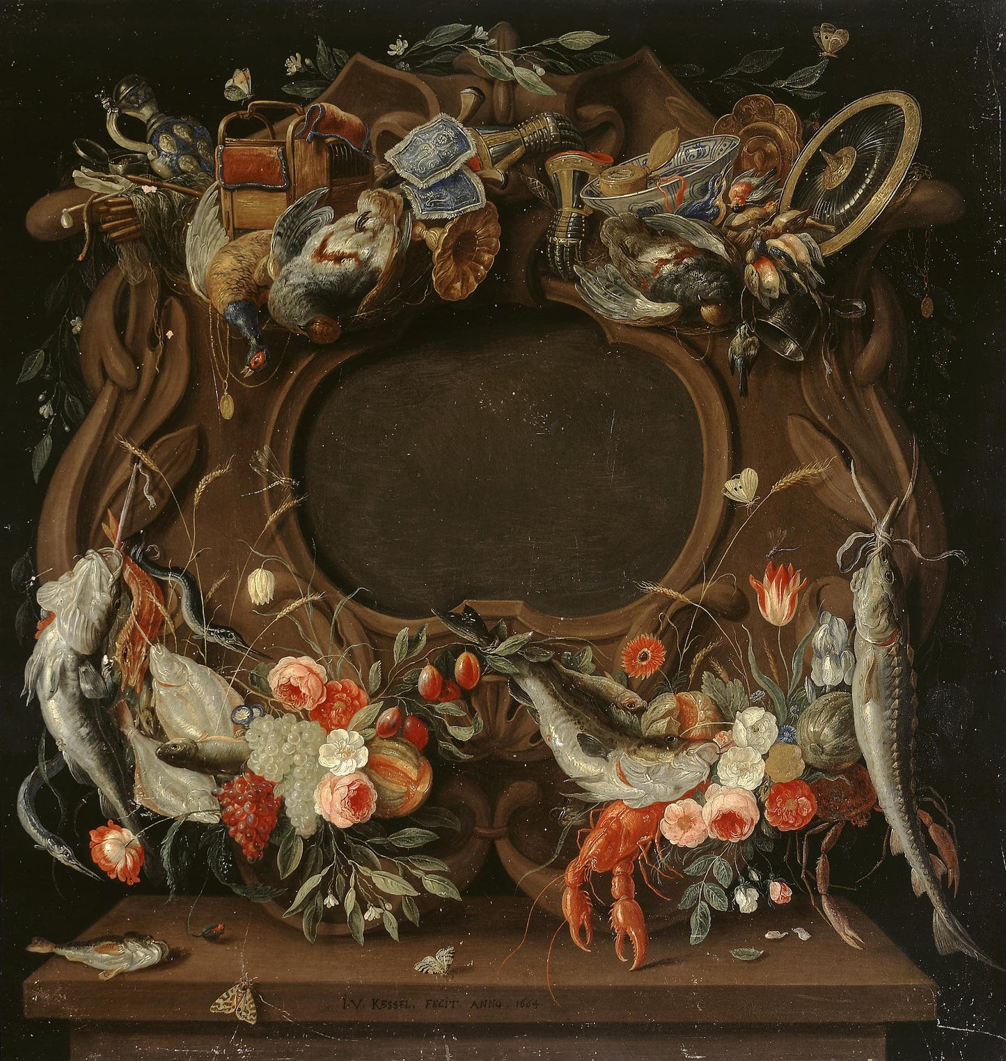 Medallion's Frame with an Allegorical Depiction of the Four Elements, vintage artwork by Jan van Kessel the Elder, 12x8" (A4) Poster