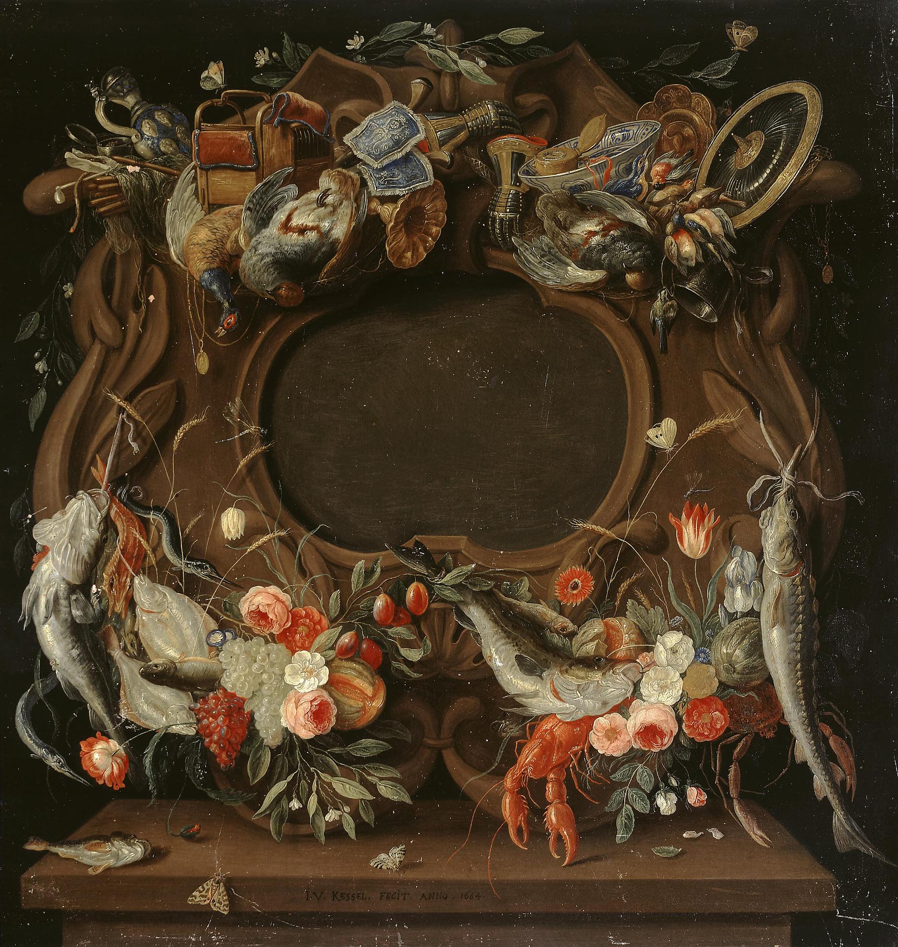 Medallion's Frame with an Allegorical Depiction of the Four Elements, vintage artwork by Jan van Kessel the Elder, 12x8" (A4) Poster