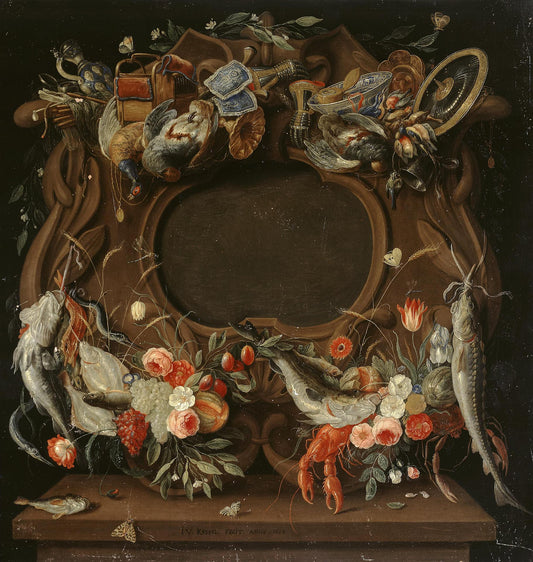 Medallion's Frame with an Allegorical Depiction of the Four Elements, vintage artwork by Jan van Kessel the Elder, 12x8" (A4) Poster
