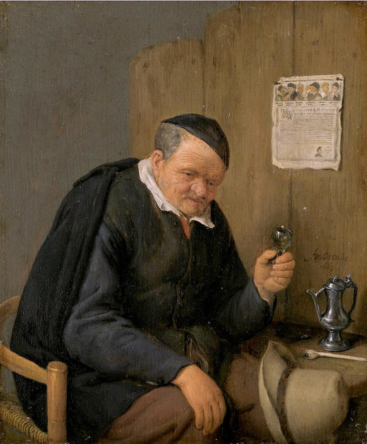 Old Man Holding a Wine Glass, vintage artwork by Adriaen van Ostade, 12x8" (A4) Poster