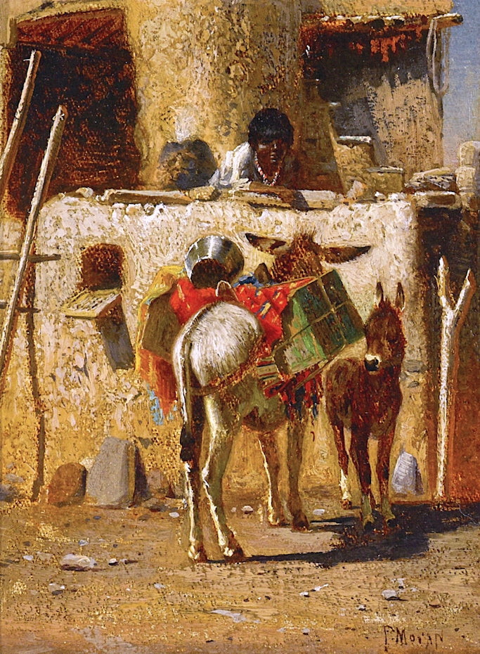 Burros and Indian Child, oeblo Scene, vintage artwork by Peter Moran, 12x8" (A4) Poster