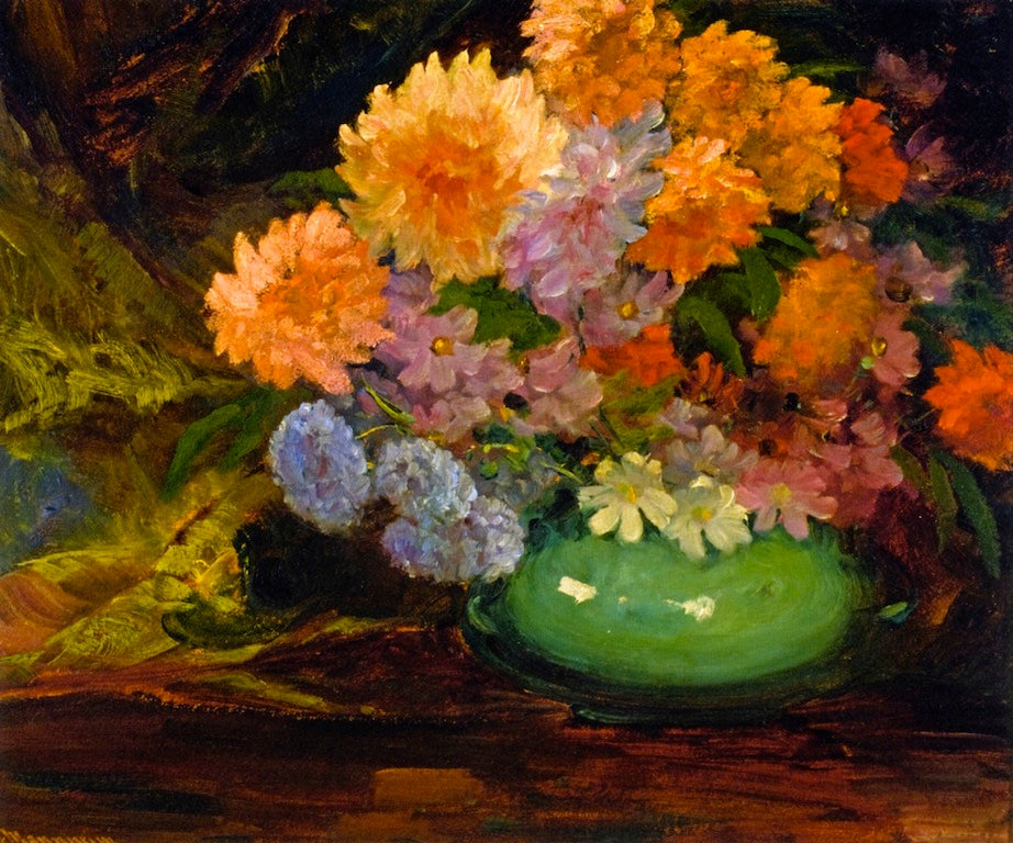 Dahlias in Green Bowl by Jean Mannheim,A3(16x12")Poster