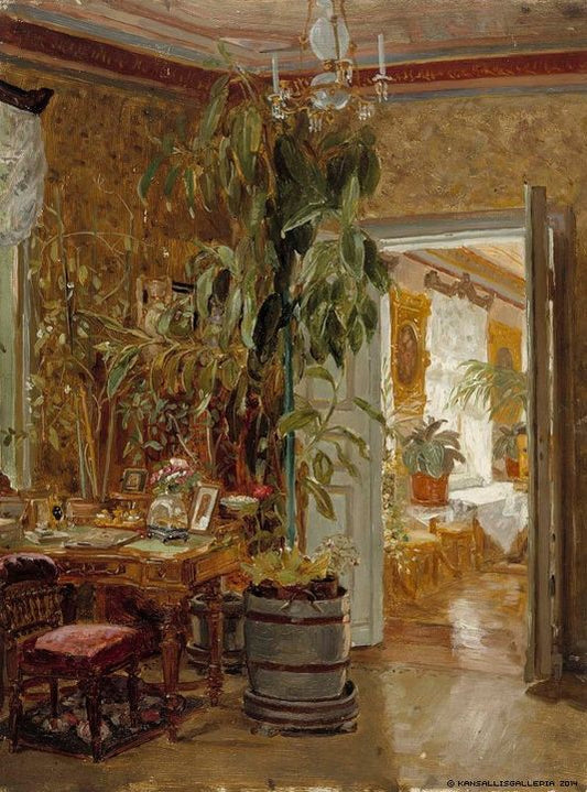 Interior from the Hallonblads' Home, Hympölä Manor, vintage artwork by Adolf von Becker, 12x8" (A4) Poster