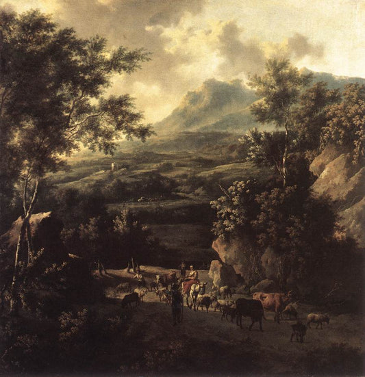 Mountain Scene with Herd of Cattle, vintage artwork by Frederick de Moucheron, 12x8" (A4) Poster