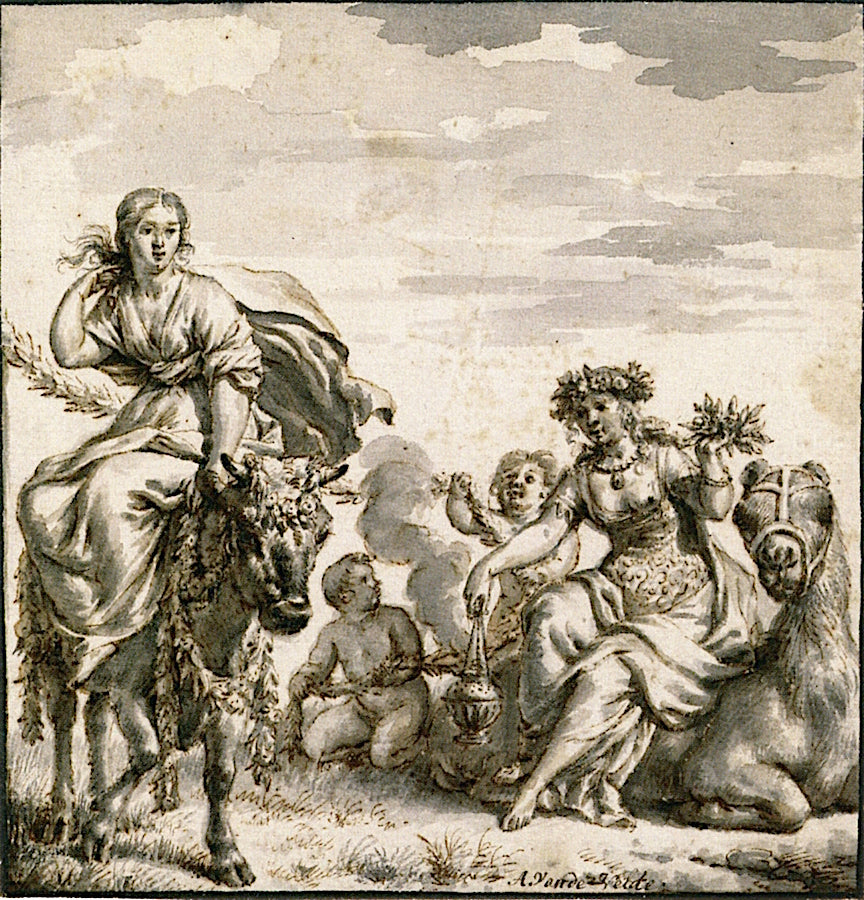 The Continents of Europe and Asia, vintage artwork by Adriaen van de Velde, 12x8" (A4) Poster