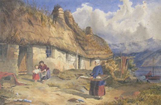 Fishwife by  a Thatched Cottage, vintage artwork by Follower of Alfred Downing Fripp, A3 (16x12") Poster Print